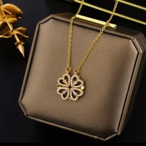 Gold Clover Pendant Necklace with Crystal Accents